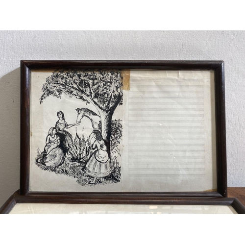 142 - A PAIR OF FRAMED VINTAGE INK ILLUSTRATIONS, three drawings included, (i) Two women and children with... 