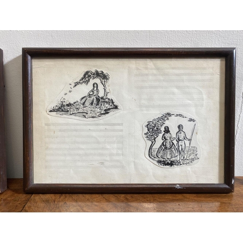 142 - A PAIR OF FRAMED VINTAGE INK ILLUSTRATIONS, three drawings included, (i) Two women and children with... 