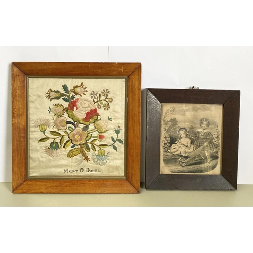 145 - A 19TH CENTURY FRAMED FLORAL EMBRIODERY ON SILK, in original frame, along with a hardwood framed pri... 