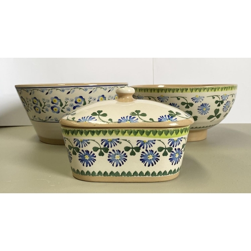 147 - A COLLECTION OF NICHOLAS MOSSE POTTERY, to include covered butter dish and matching bowl in blue flo... 