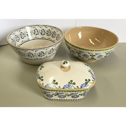 147 - A COLLECTION OF NICHOLAS MOSSE POTTERY, to include covered butter dish and matching bowl in blue flo... 