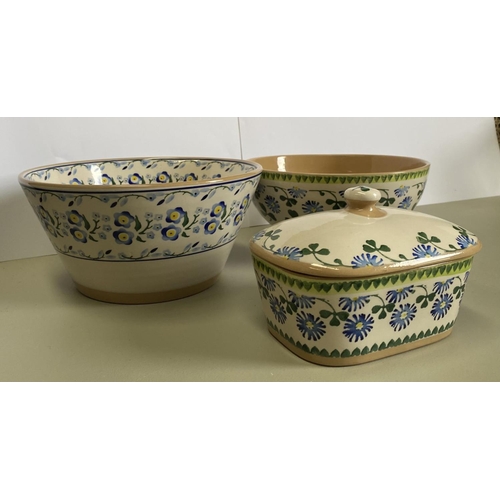 147 - A COLLECTION OF NICHOLAS MOSSE POTTERY, to include covered butter dish and matching bowl in blue flo... 