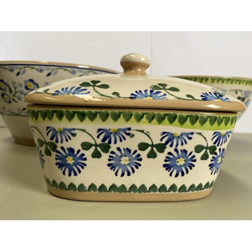 147 - A COLLECTION OF NICHOLAS MOSSE POTTERY, to include covered butter dish and matching bowl in blue flo... 