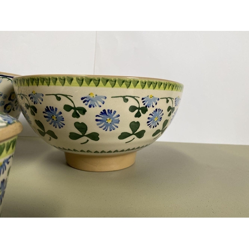 147 - A COLLECTION OF NICHOLAS MOSSE POTTERY, to include covered butter dish and matching bowl in blue flo... 