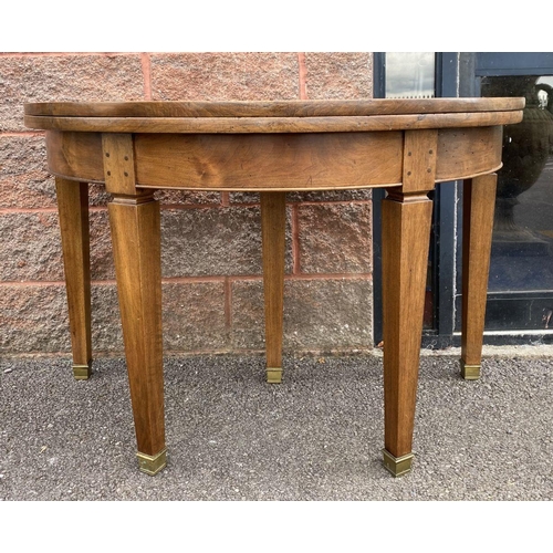 148 - A FRENCH CIRCULAR ART DECO STYLE MAHOGANY DINING TABLE, fold-over, standing on tapered leg. Dimensio... 