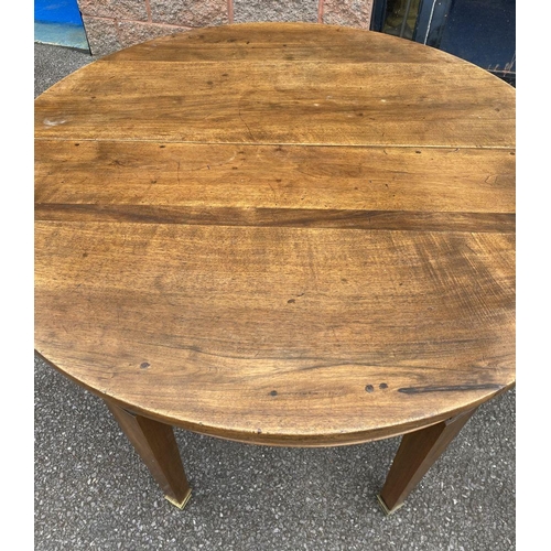 148 - A FRENCH CIRCULAR ART DECO STYLE MAHOGANY DINING TABLE, fold-over, standing on tapered leg. Dimensio... 