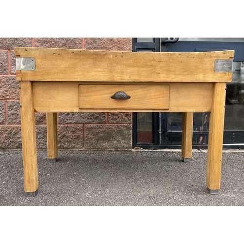 151 - AN ANTIQUE FRENCH STYLE BUTCHERS BLOCK, with one drawer to front, steel strap binding to corners, di... 