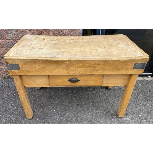 151 - AN ANTIQUE FRENCH STYLE BUTCHERS BLOCK, with one drawer to front, steel strap binding to corners, di... 