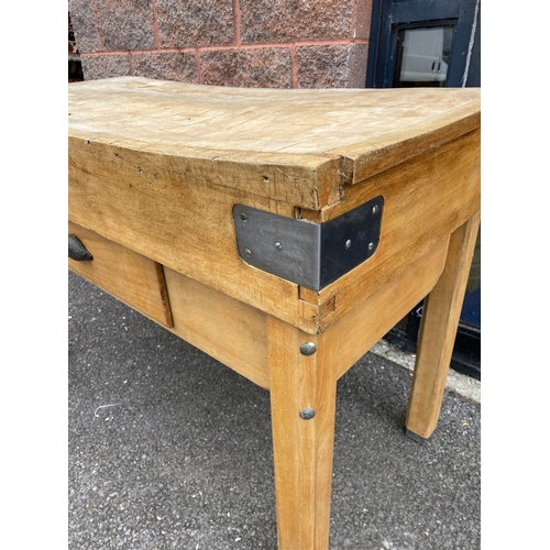 151 - AN ANTIQUE FRENCH STYLE BUTCHERS BLOCK, with one drawer to front, steel strap binding to corners, di... 