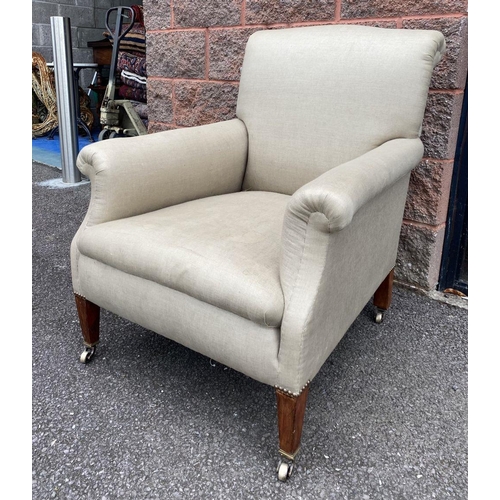 152 - A 19TH CENTURY MAHOGANY ARMCHAIR, upholstered, with scroll armrests, standing on tapered feet with c... 