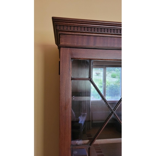 154 - A 20TH CENTURY TWO DOOR GLAZED BOOKCASE/CABINET, with dentil detail to the top over double astragal ... 