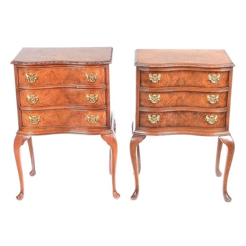 16 - A GOOD QUALITY PAIR OF WALNUT SERPENTINE SHAPED 3 DRAWER CABINETS / BEDSIDE PEDESTALS, each with a g... 