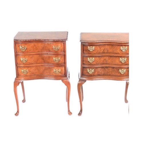 16 - A GOOD QUALITY PAIR OF WALNUT SERPENTINE SHAPED 3 DRAWER CABINETS / BEDSIDE PEDESTALS, each with a g... 