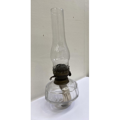 161 - A VINTAGE ENGLISH GLASS OIL LAMP, pressed and moulded glass with brass fittings. Thumb wheels marked... 