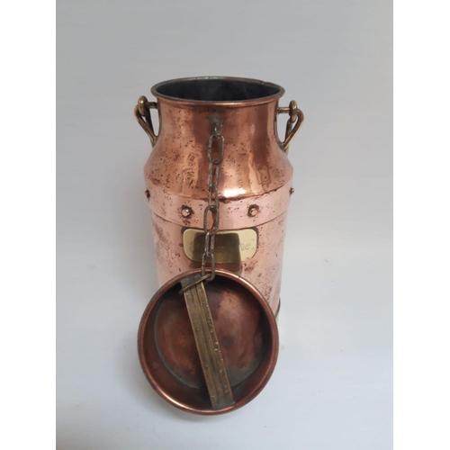 163 - AN ANTIQUE COPPER MILK CHURN, c.1900, brass banded, with two handles and brass engraved label to fro... 