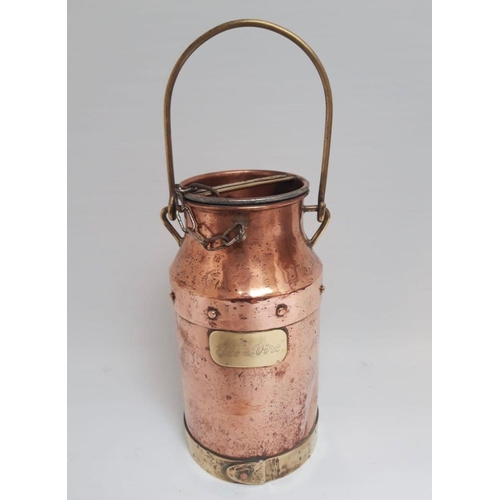 163 - AN ANTIQUE COPPER MILK CHURN, c.1900, brass banded, with two handles and brass engraved label to fro... 