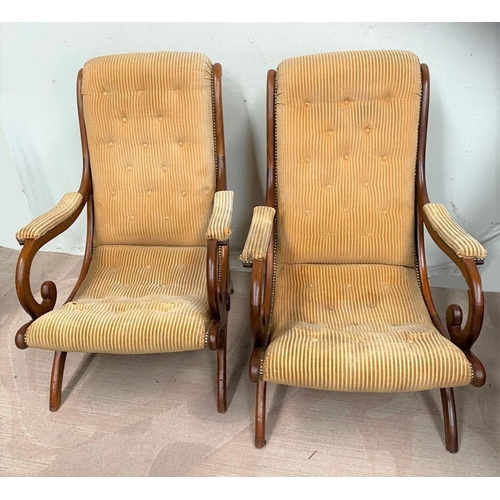 17 - A PAIR OF MAHOGANY FRAMED ARMCHAIRS, upholstered with button back, upholstered scroll armrests, x-fr... 