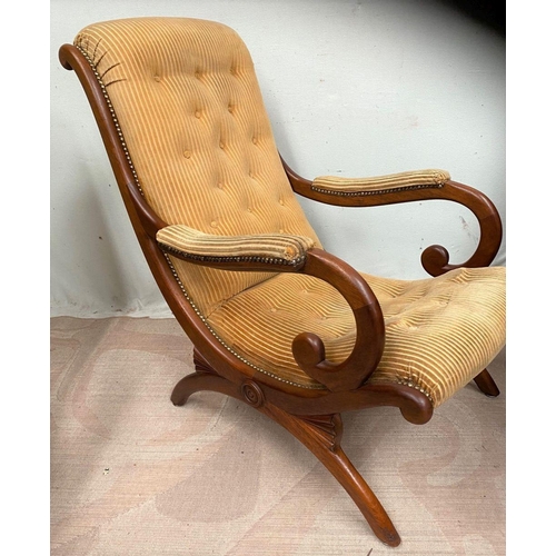 17 - A PAIR OF MAHOGANY FRAMED ARMCHAIRS, upholstered with button back, upholstered scroll armrests, x-fr... 