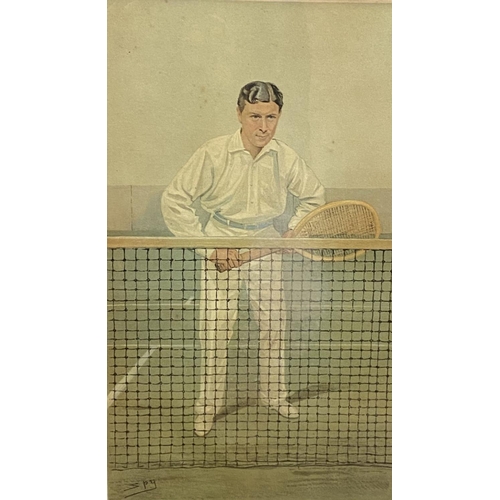 185 - A PAIR OF VANITY FAIR PRINTS, in fine hardwood frames, (i) ‘Thrice Champion’, coloured print, signed... 