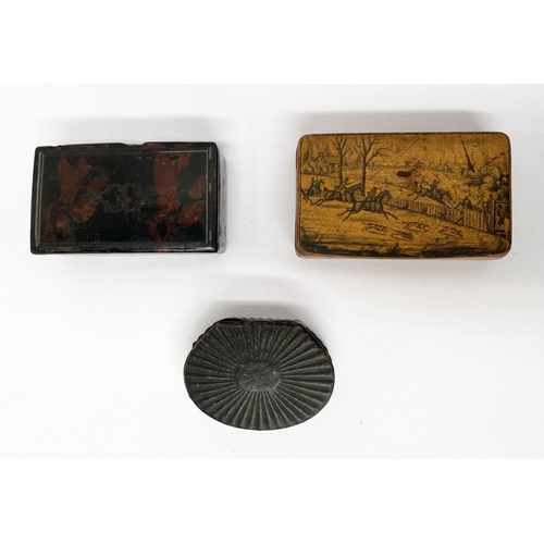 189 - A COLLECTION OF THREE 19TH CENTURY SNUFF BOXES, (i) a bog oak carved snuff box, of oval form, (ii) a... 