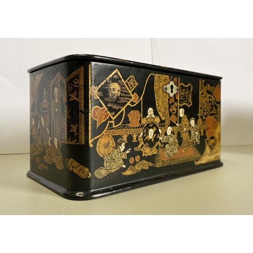 19 - AN EARLY 20TH CENTURY CHINOISERIE BLACK LACQUER AND GILT TEA CADDY, of rectangular form with rounded... 