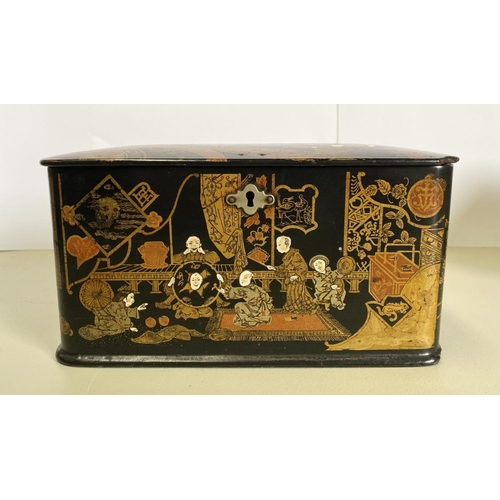 19 - AN EARLY 20TH CENTURY CHINOISERIE BLACK LACQUER AND GILT TEA CADDY, of rectangular form with rounded... 