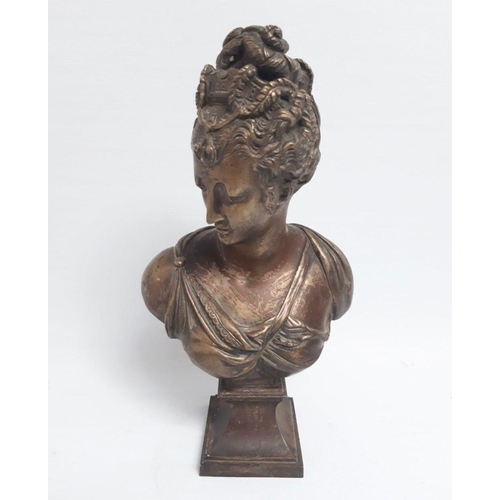 21 - AFTER JEAN-ANTOINE HOUDON (French, 1741–1828), BUST OF DIANE DE POITIERS, bronze on square plinth ba... 