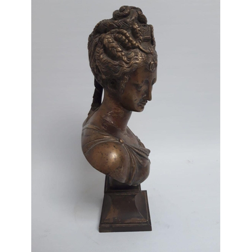 21 - AFTER JEAN-ANTOINE HOUDON (French, 1741–1828), BUST OF DIANE DE POITIERS, bronze on square plinth ba... 