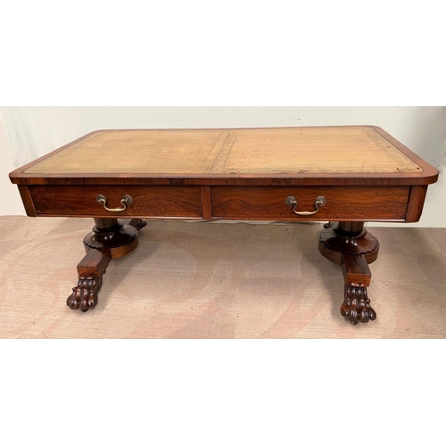 26 - A WILLIAM IV ROSEWOOD COFFEE/WRITING TABLE, with tooled leather top, two drawers to front with brass... 