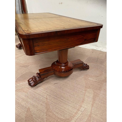 26 - A WILLIAM IV ROSEWOOD COFFEE/WRITING TABLE, with tooled leather top, two drawers to front with brass... 