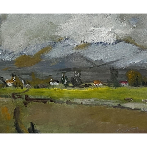 28 - TERRY DELANEY (Irish, 20th Century), “SMALL FARM LANDS”, oil on board, signed lower right, inscribed... 