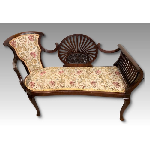 3 - A MAHOGANY FAN BACKED WINDOW SEAT, with upholstered seat, swept arms, engraved floral design to fan ... 