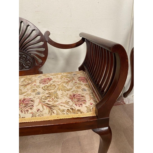 3 - A MAHOGANY FAN BACKED WINDOW SEAT, with upholstered seat, swept arms, engraved floral design to fan ... 