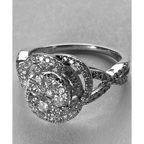 30 - AN EXQUISITE 18CT WHITE GOLD DIAMOND SWIRL RING, with cross over diamond shoulders, diamond weight: ... 