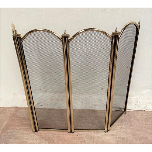 34 - A BRASS FOUR SCREEN FIRE GUARD, four arched screens, dimensions: 70cm long x 64cm high approx.