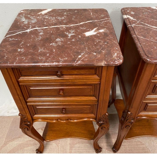 43 - A GREAT PAIR OF MARBLE TOPPED WALNUT THREE DRAWER CABINETS, the graduated three drawer cabinet raise... 