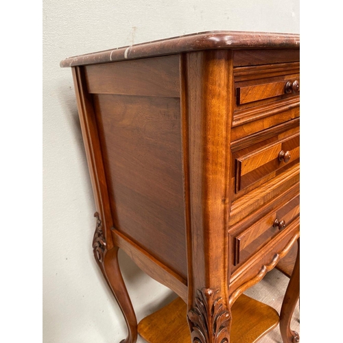 43 - A GREAT PAIR OF MARBLE TOPPED WALNUT THREE DRAWER CABINETS, the graduated three drawer cabinet raise... 