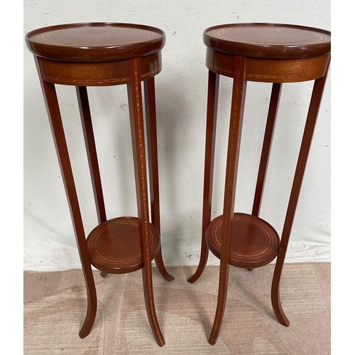 44 - A PAIR OF MAHOGANY INLAID POT STANDS, with circular tops having a low raised lip to the edge and inl... 