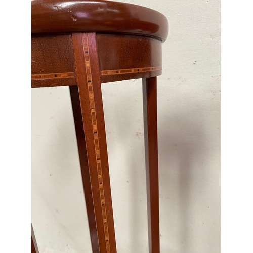 44 - A PAIR OF MAHOGANY INLAID POT STANDS, with circular tops having a low raised lip to the edge and inl... 