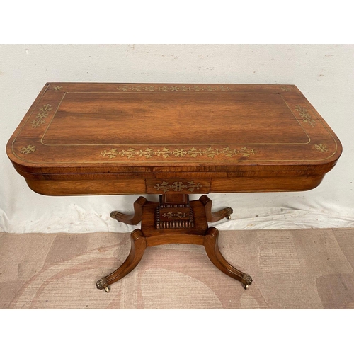 47 - A FANTASTIC REGENCY BRASS INLAID ROSEWOOD FOLD OVER CARD TABLE, the exceptional brass inlay really b... 