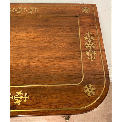 47 - A FANTASTIC REGENCY BRASS INLAID ROSEWOOD FOLD OVER CARD TABLE, the exceptional brass inlay really b... 