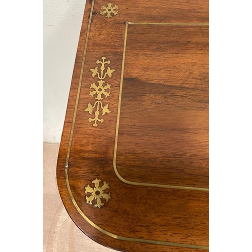 47 - A FANTASTIC REGENCY BRASS INLAID ROSEWOOD FOLD OVER CARD TABLE, the exceptional brass inlay really b... 