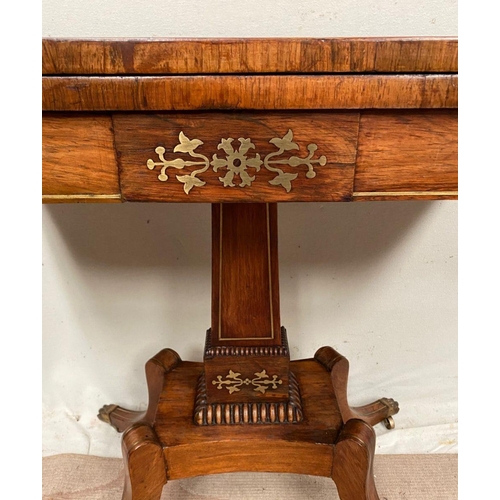 47 - A FANTASTIC REGENCY BRASS INLAID ROSEWOOD FOLD OVER CARD TABLE, the exceptional brass inlay really b... 