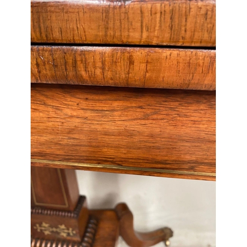 47 - A FANTASTIC REGENCY BRASS INLAID ROSEWOOD FOLD OVER CARD TABLE, the exceptional brass inlay really b... 