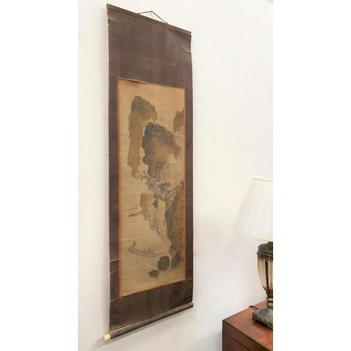 49 - A TRADITIONAL JAPANESE HANGING SCROLL PAINTING, ink painting on silk depicting coastal scene with fi... 