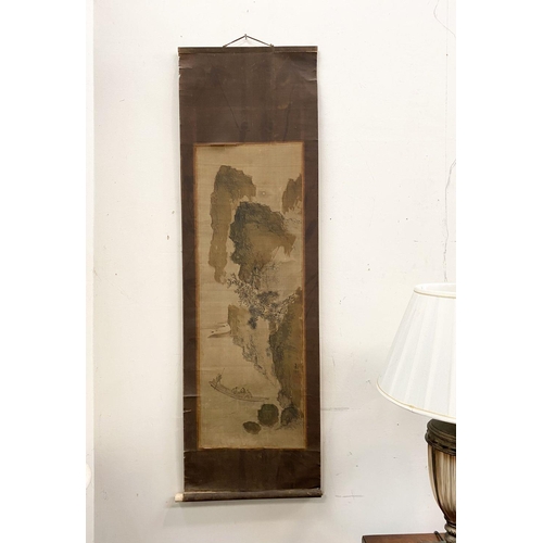 49 - A TRADITIONAL JAPANESE HANGING SCROLL PAINTING, ink painting on silk depicting coastal scene with fi... 