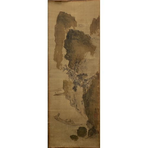 49 - A TRADITIONAL JAPANESE HANGING SCROLL PAINTING, ink painting on silk depicting coastal scene with fi... 