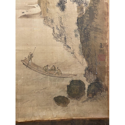 49 - A TRADITIONAL JAPANESE HANGING SCROLL PAINTING, ink painting on silk depicting coastal scene with fi... 