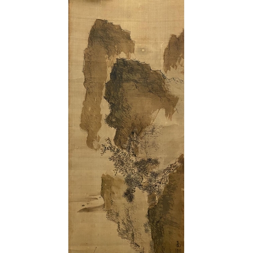 49 - A TRADITIONAL JAPANESE HANGING SCROLL PAINTING, ink painting on silk depicting coastal scene with fi... 