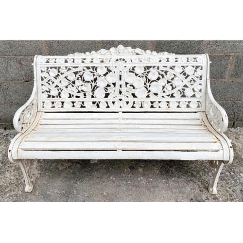 5 - A WHITE CAST IRON COALBROOKDALE STYLE GARDEN SEAT, ‘Nasturtium’ pattern to back, naturalistic scroll... 